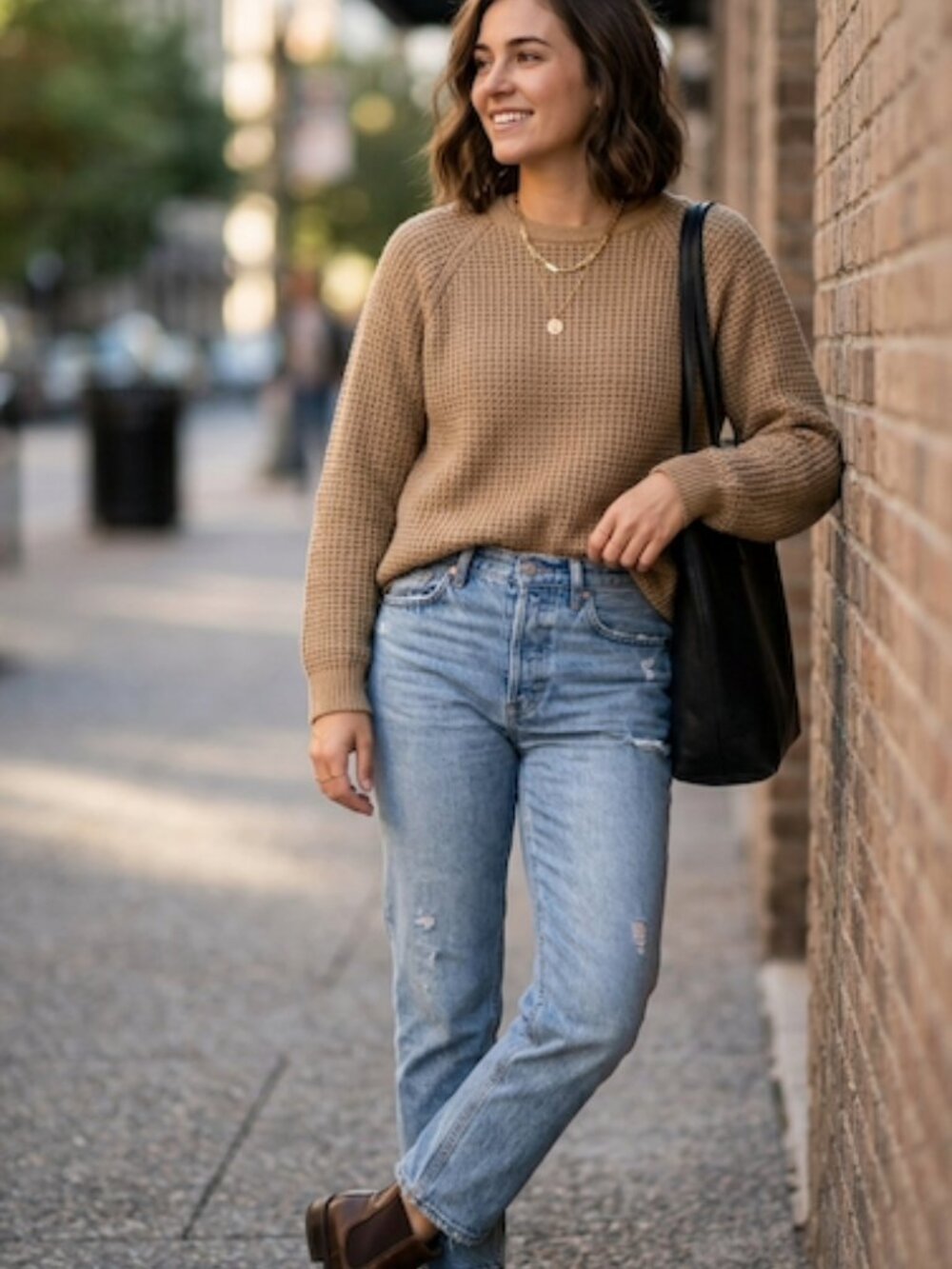 Ambiance Apparel Waffle Knit Crewneck Pullover Tan Beige Large